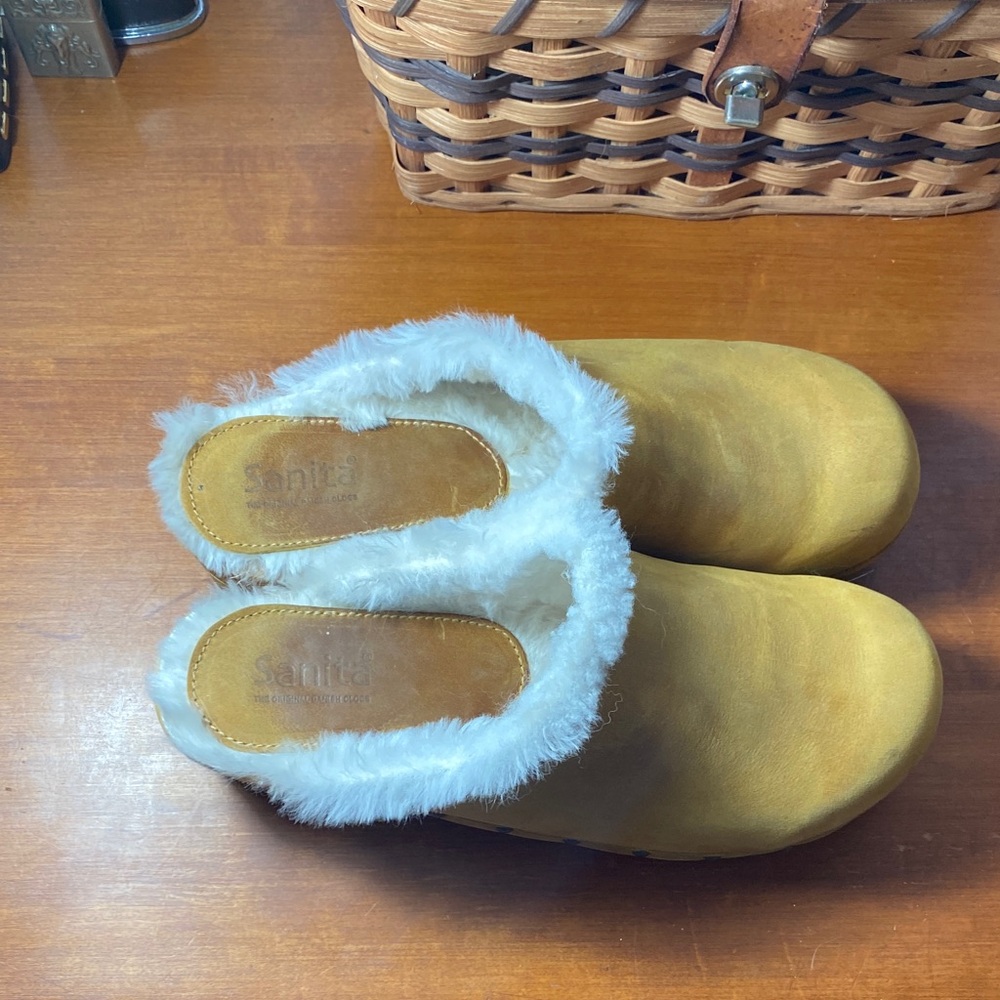 Sanita Gold Suede Mules with White Shearling Lining